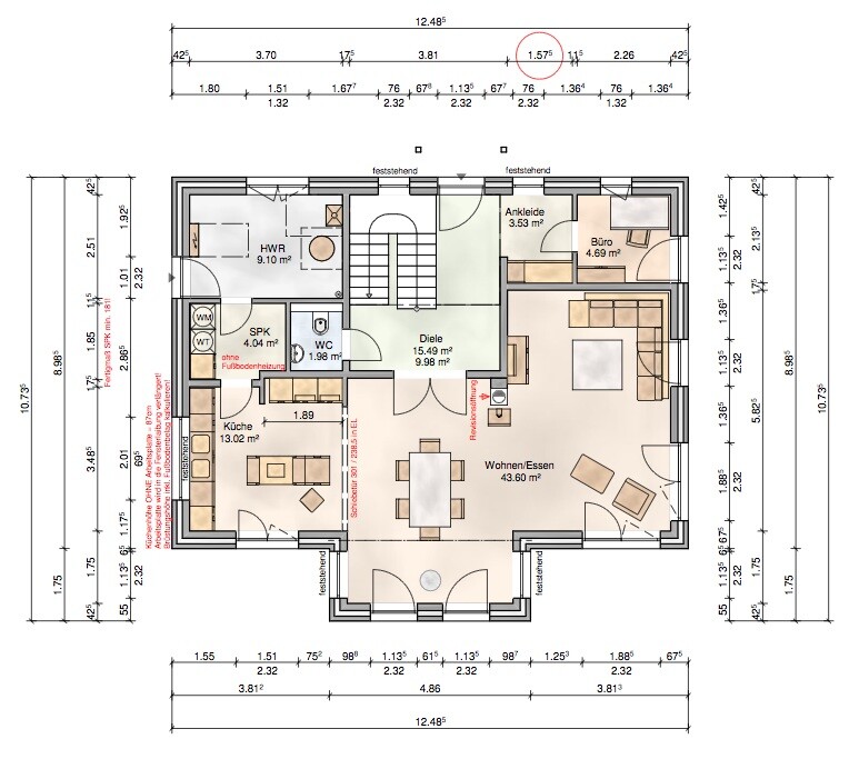 Floor plan of a single-family house: kitchen, living/dining, utility room, WC, hallway, office.