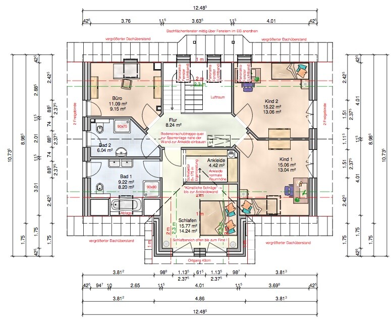 Attic floor plan: office, bedroom, bathroom, walk-in closet, 2 children’s rooms, corridor, stairs