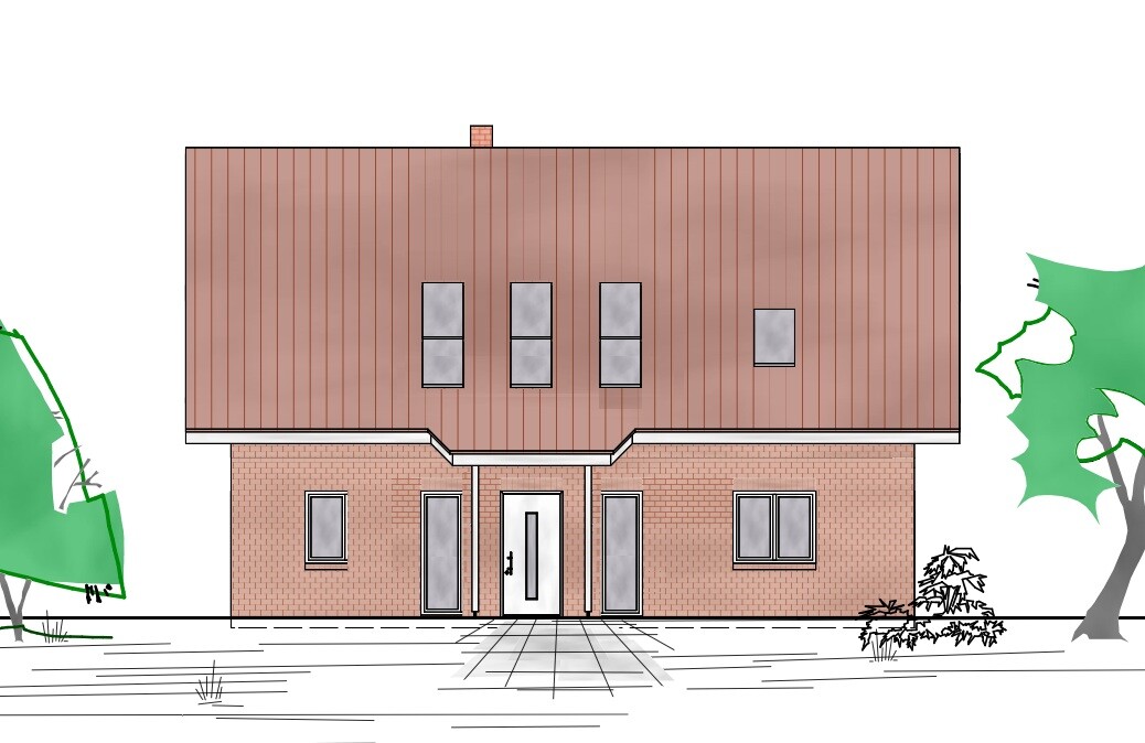 Two-storey house with red tiled roof, brick walls and central entrance.