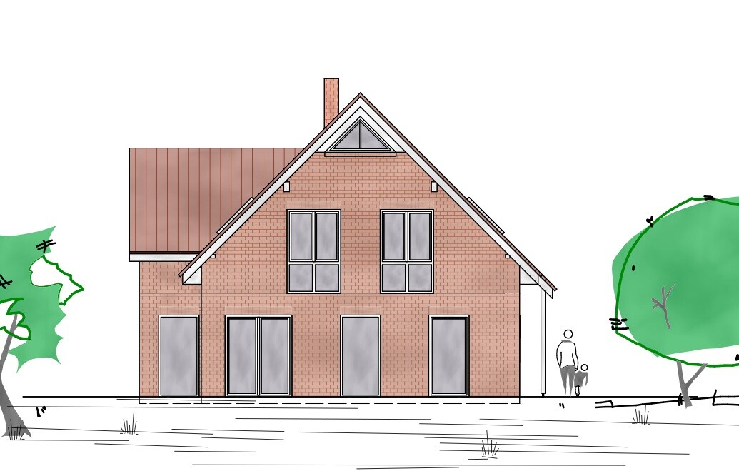 Two-storey red brick house with large windows, tree on the right, adult with child next to it.