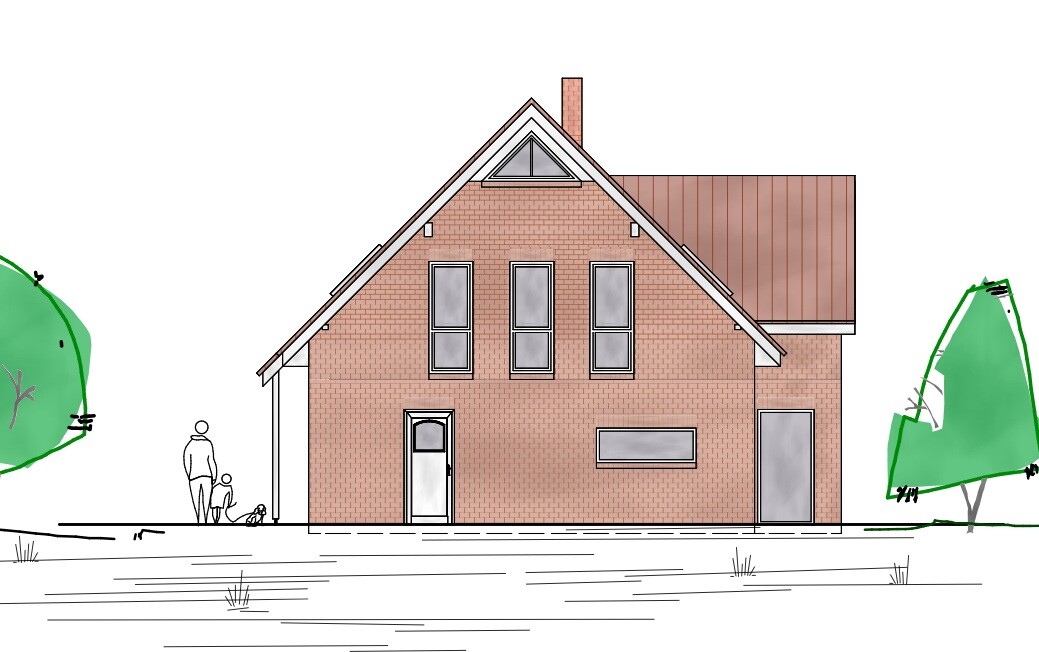 Red brick house with gable roof, left door, three upper floor windows, tree on the left, people in front.