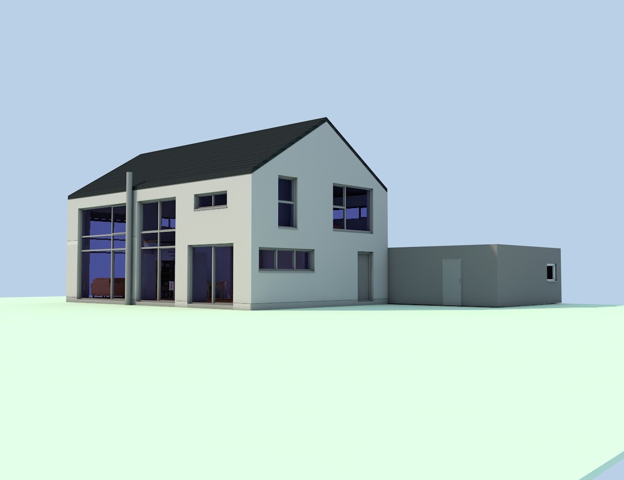 Modern single-family house with large glass fronts, side extension, and gray facade.