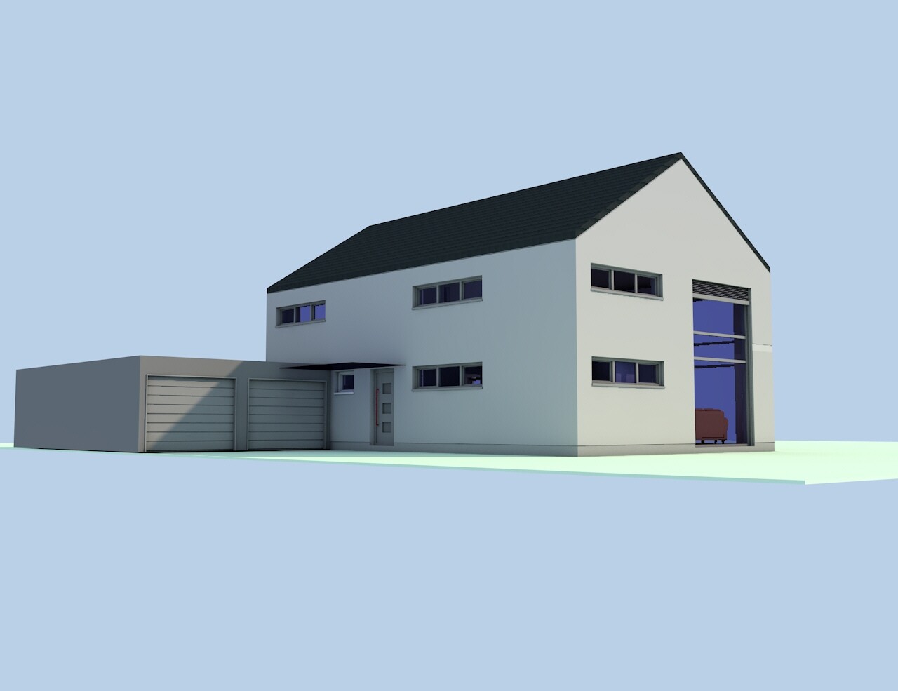 Modern white single-family house with garage extension, gable roof, and large glass front.
