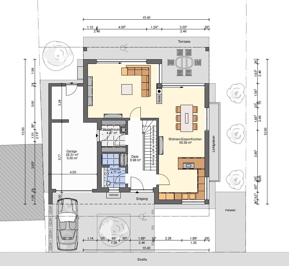 Grundriss eines Hauses: Offener Wohn-Ess-Kochbereich, Terrasse, Garage, Eingang, Dusche, Abstellraum