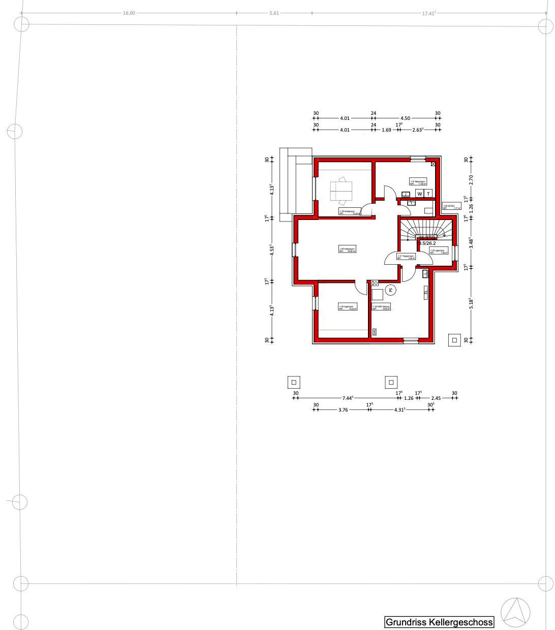Grundriss Kellergeschoss mit roten Wänden, Türen, Treppenhaus und Maßangaben.