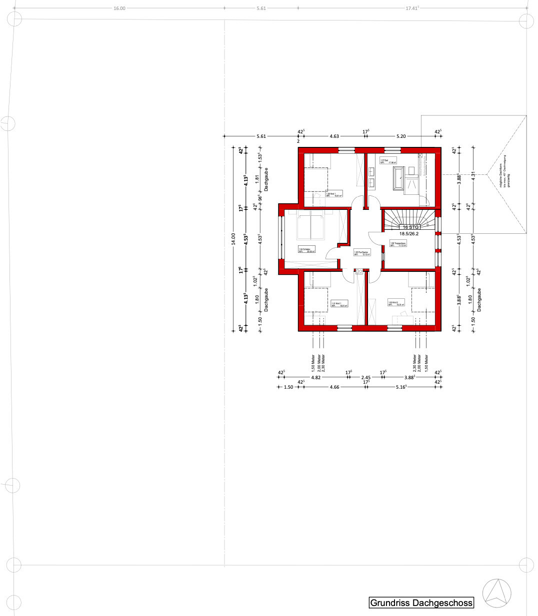 Grundriss Dachgeschoss: roter Innenwand-Umriss, Treppe und mehrere Zimmer.