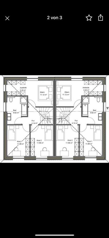 Zweifamilienhaus Grundriss mit zwei spiegelbildlichen Wohneinheiten, Flure und Kinderzimmer