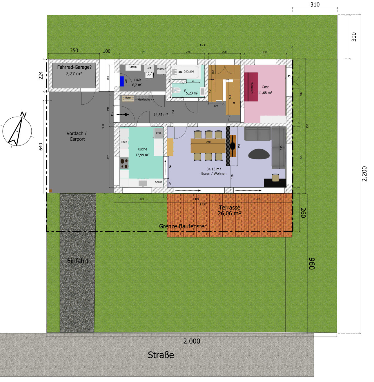 Grundriss eines Einfamilienhauses: Küche, Essen/Wohnen, Gast, Terrasse, Carport und Garten