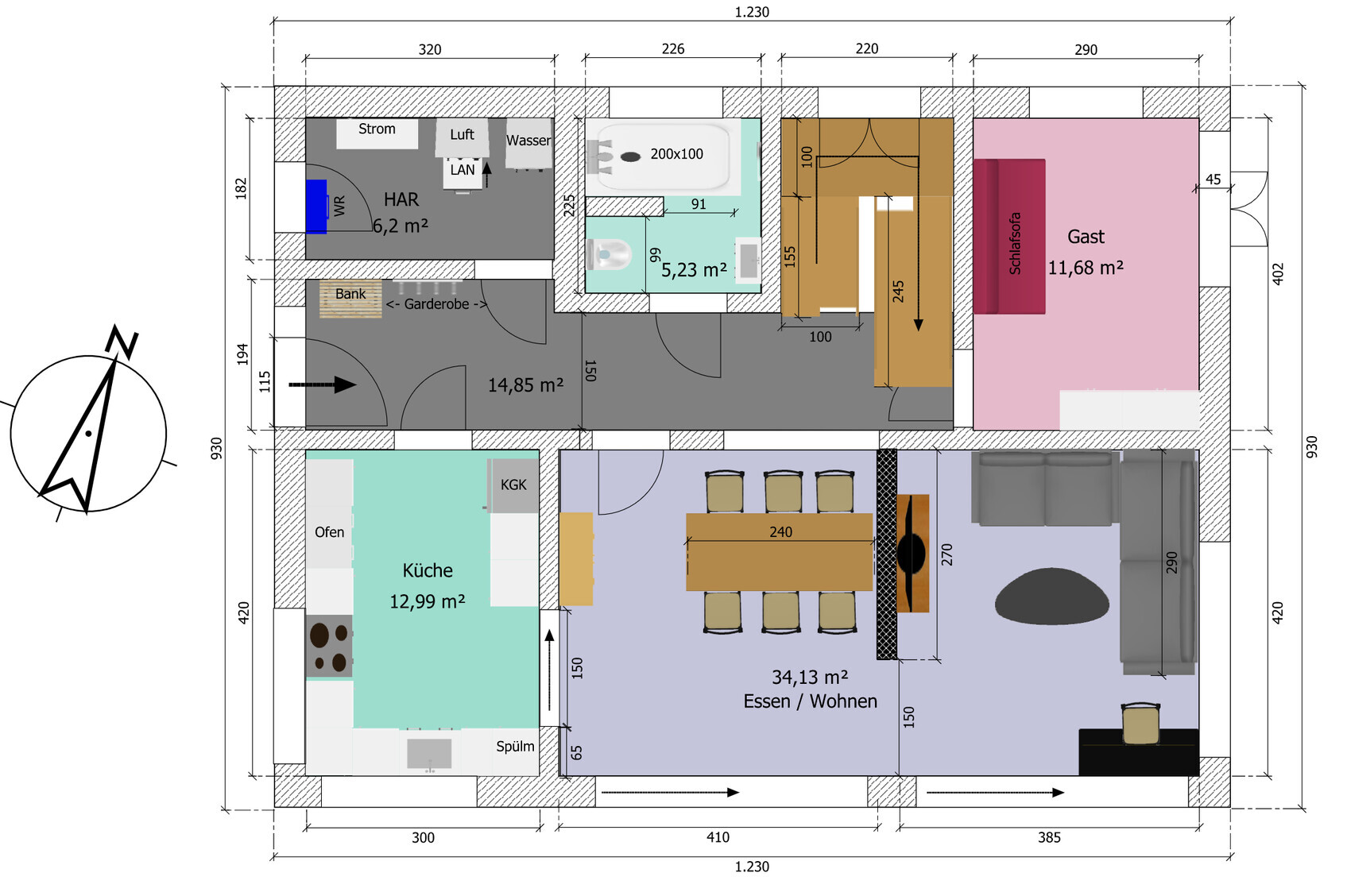 Grundriss einer Wohnung: Küche, Essen/Wohnen, Gästezimmer, HAR, Bad, Flur.