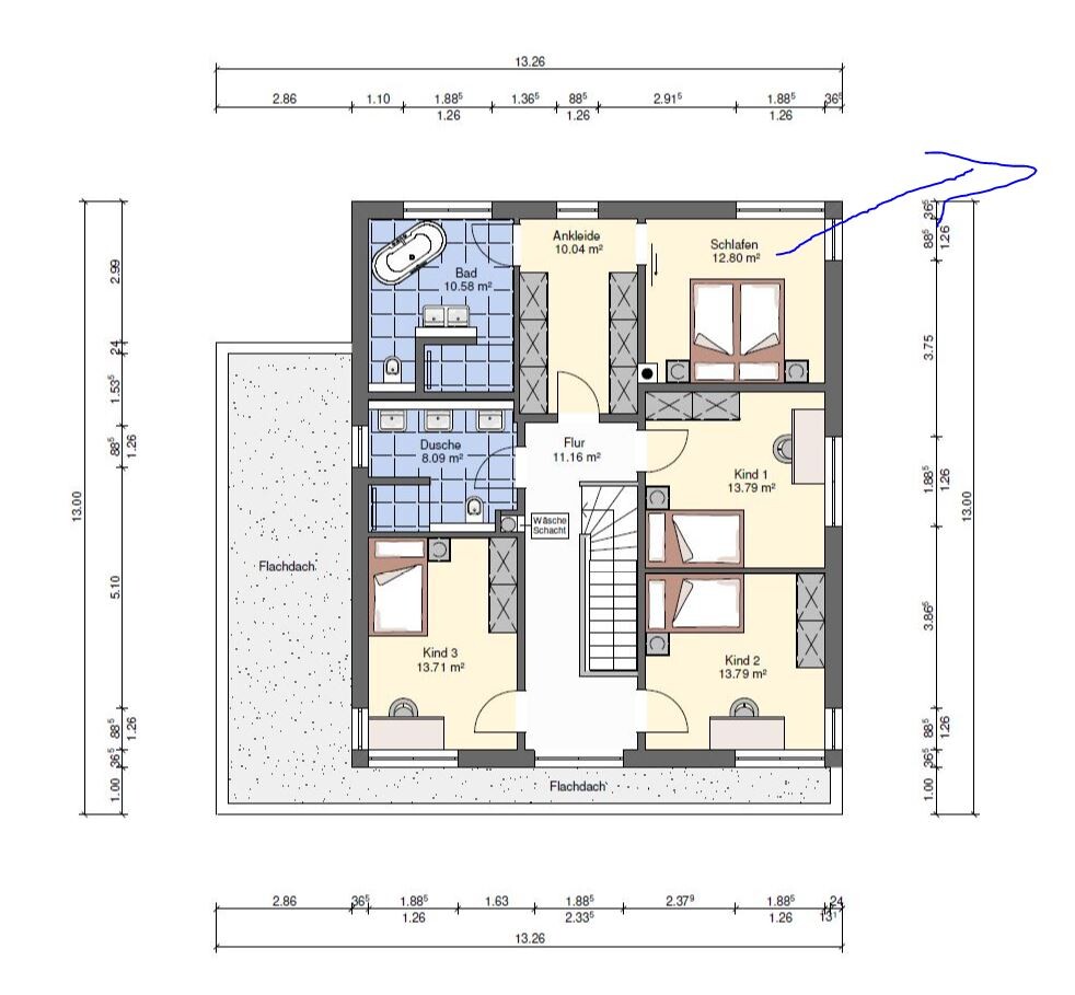 Upper floor floor plan with sleeping area, walk-in closet, bathroom, shower, hallway, and three children’s bedrooms.