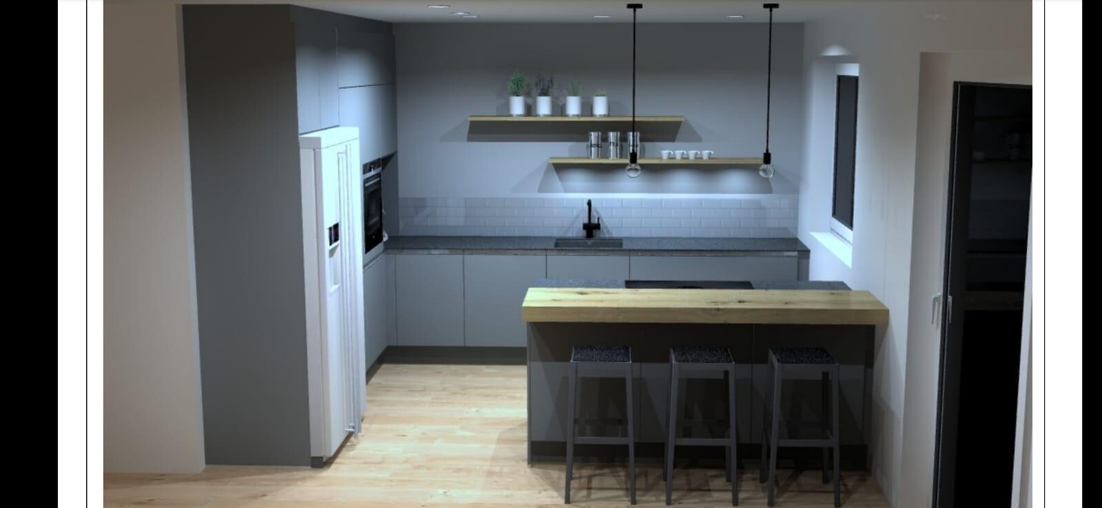 Modern kitchen with island, gray cabinets, sink, oven, refrigerator, and bar stools.
