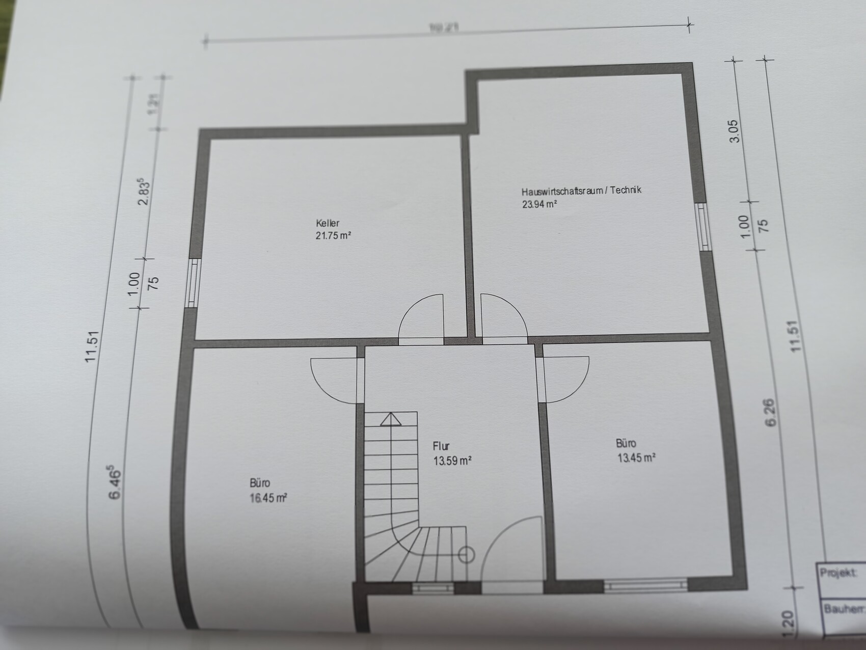 Basement floor plan: basement, technical room, two offices, corridor and staircase.