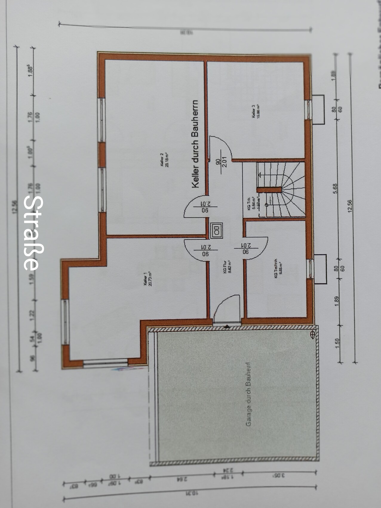 Basement floor plan with stairwell, several rooms and adjacent garage