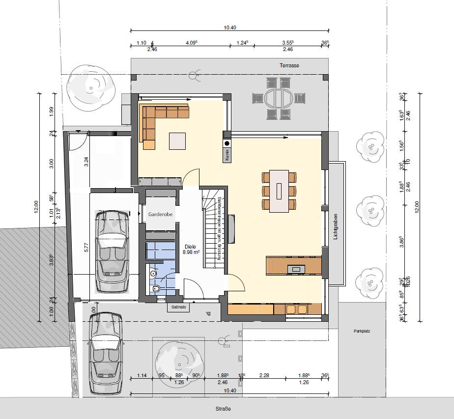 Floor plan: Ground floor with living room, kitchen, dining area, hallway, cloakroom, garage, terrace.