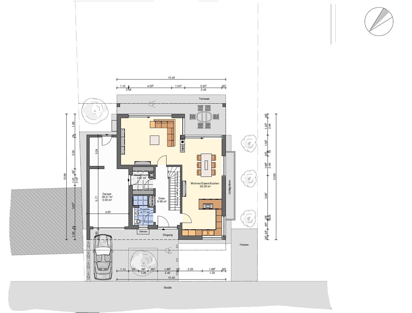 Floor plan of a single-family house: living room, kitchen, dining area, bathroom, garage, and terrace.
