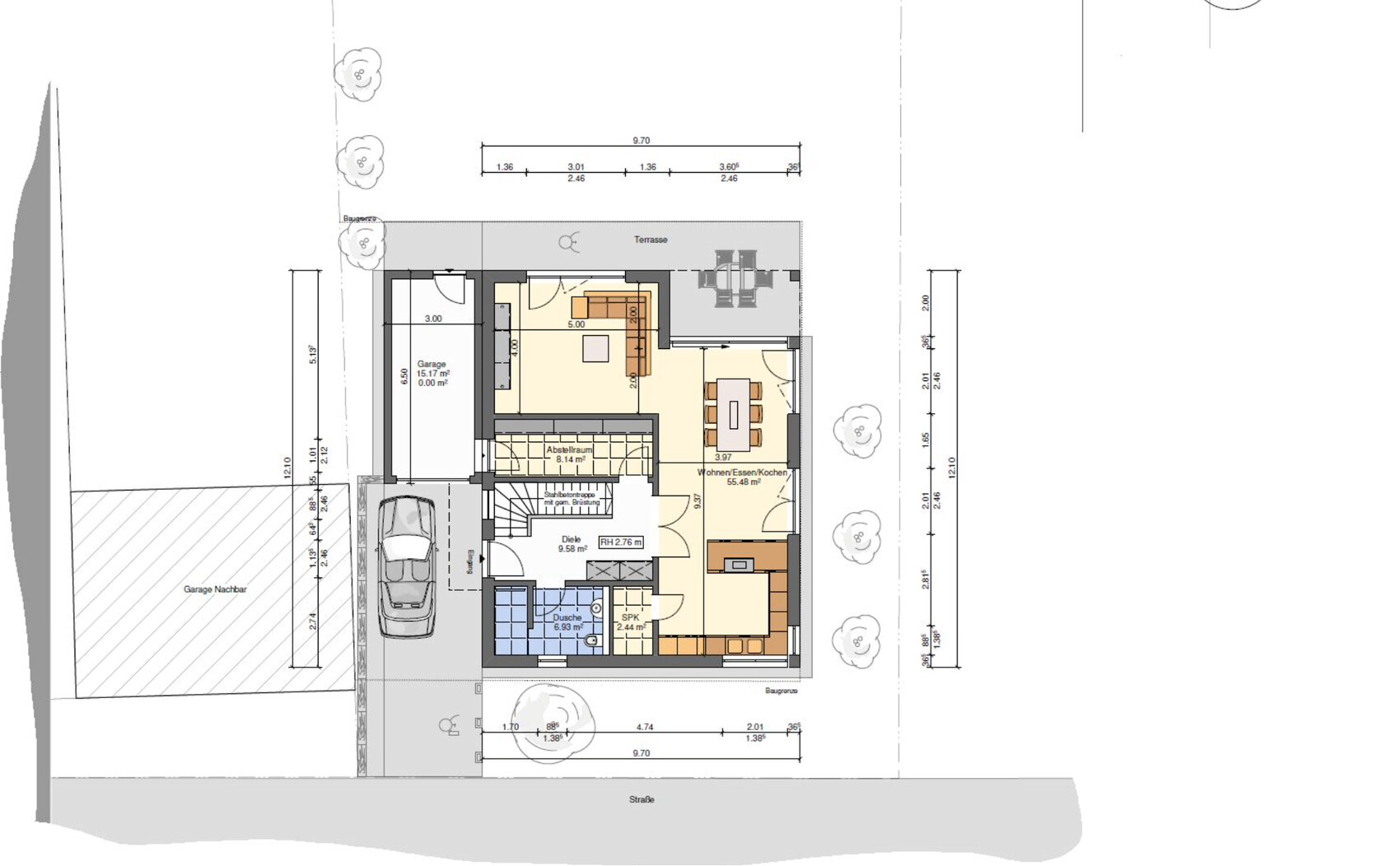 2D floor plan of a house with garage, living room, kitchen, and terrace