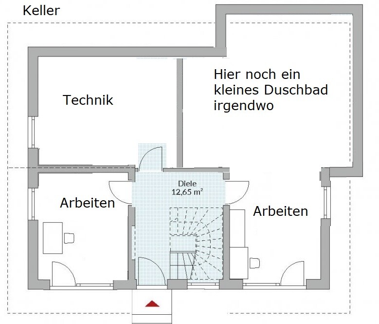 Basement floor plan: hallway in the center, two offices, technical room and small shower bath.