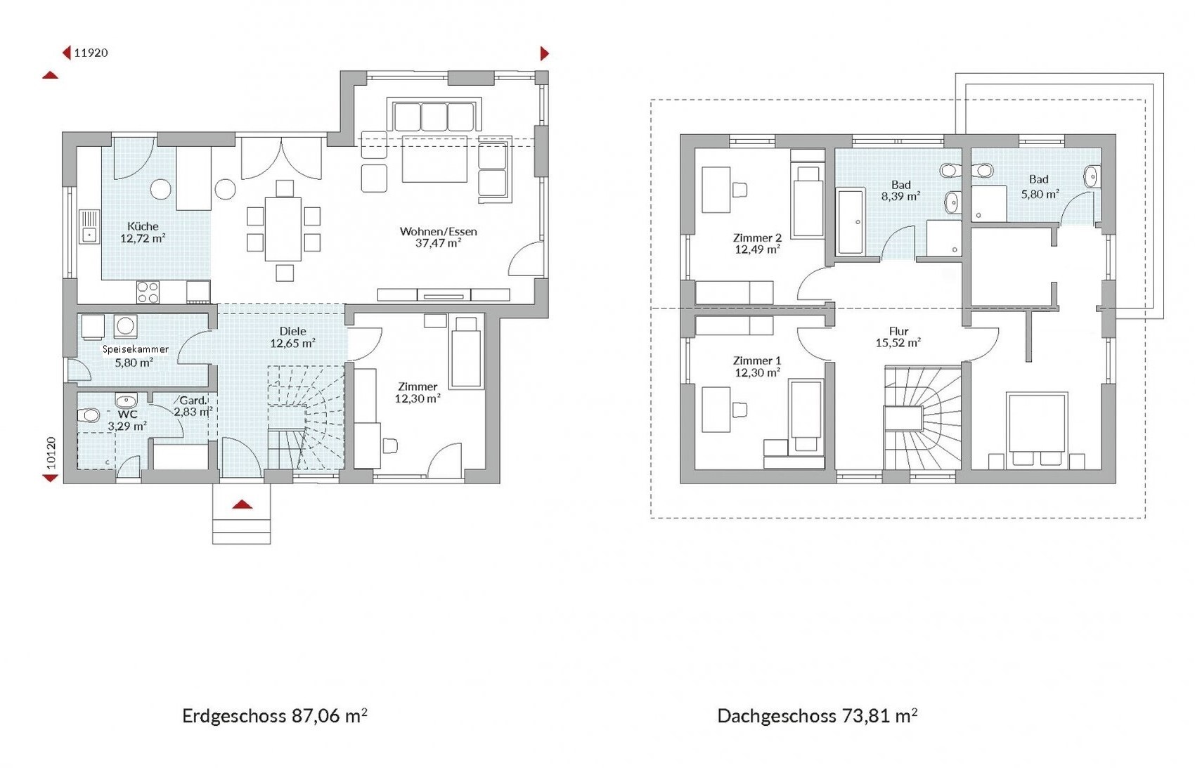 Floor plan: Ground floor with kitchen, living room, hallway; upper floor with two rooms and bathrooms.