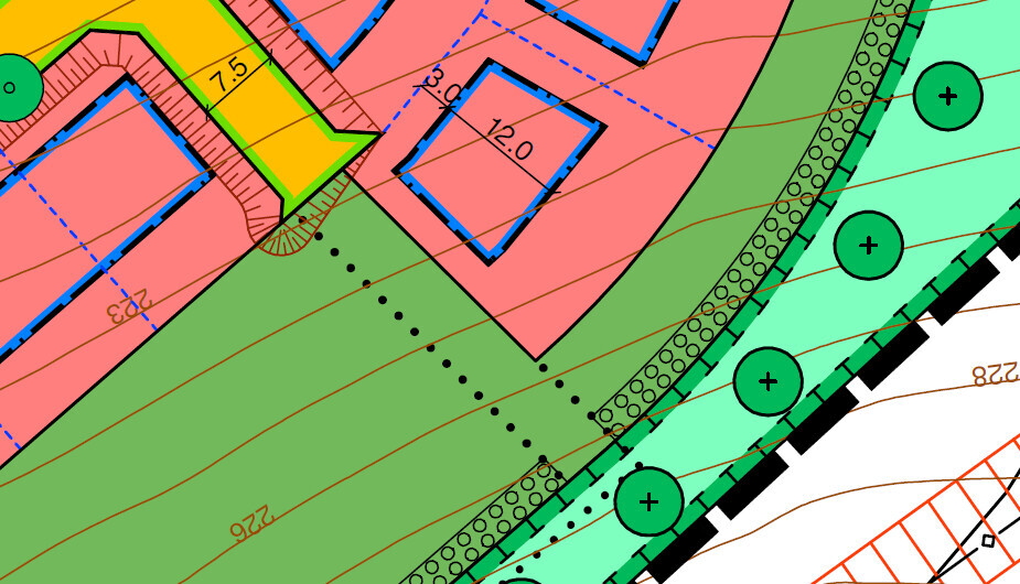 Schematischer Bau- und Landschaftsplan mit farbigen Zonen, Konturlinien und Höhenangaben.