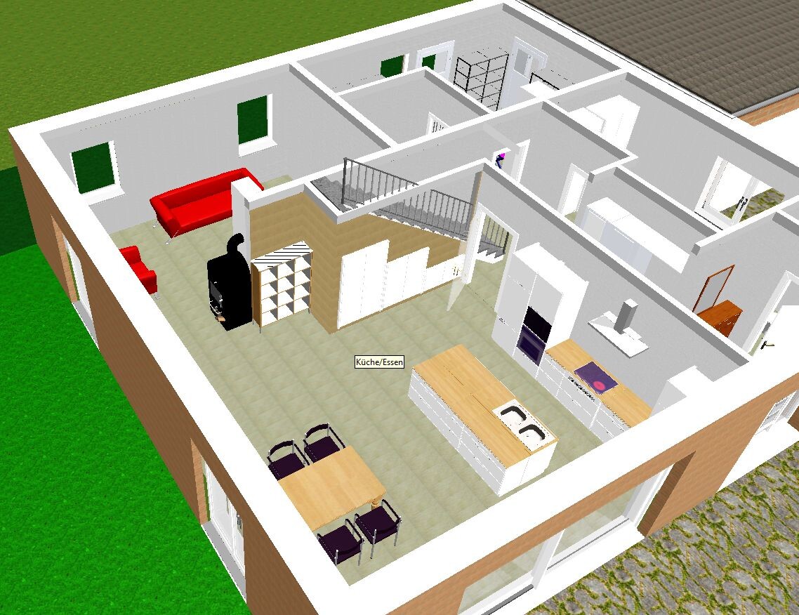 3D-Grundriss eines Hauses: Küche mit Insel, Essbereich, rotes Sofa, Treppe, Räume sichtbar.