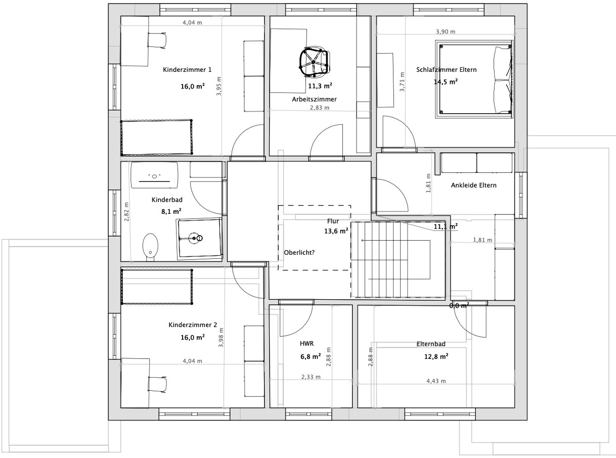 Floor plan of a house with children’s rooms, master bedroom, study, corridor, utility room