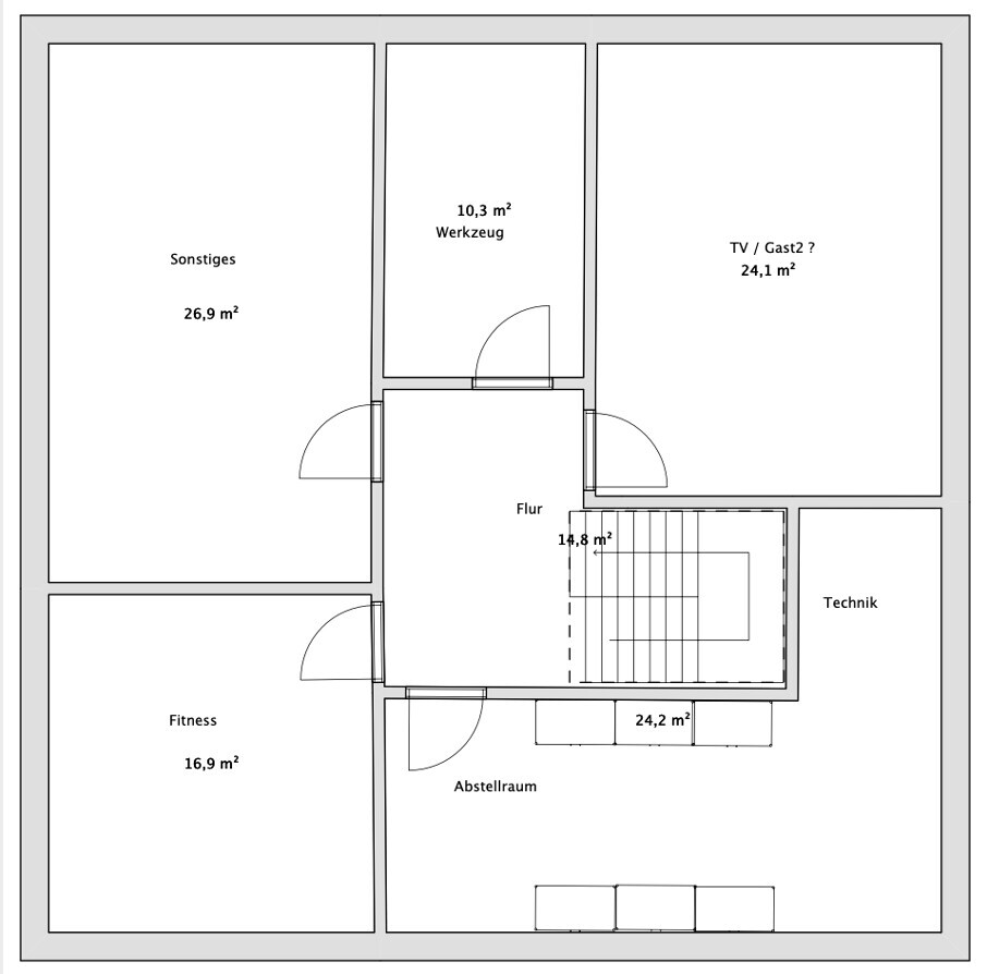 Floor plan: Central corridor with rooms for miscellaneous uses, fitness, storage, technical room, TV/guest, workshop