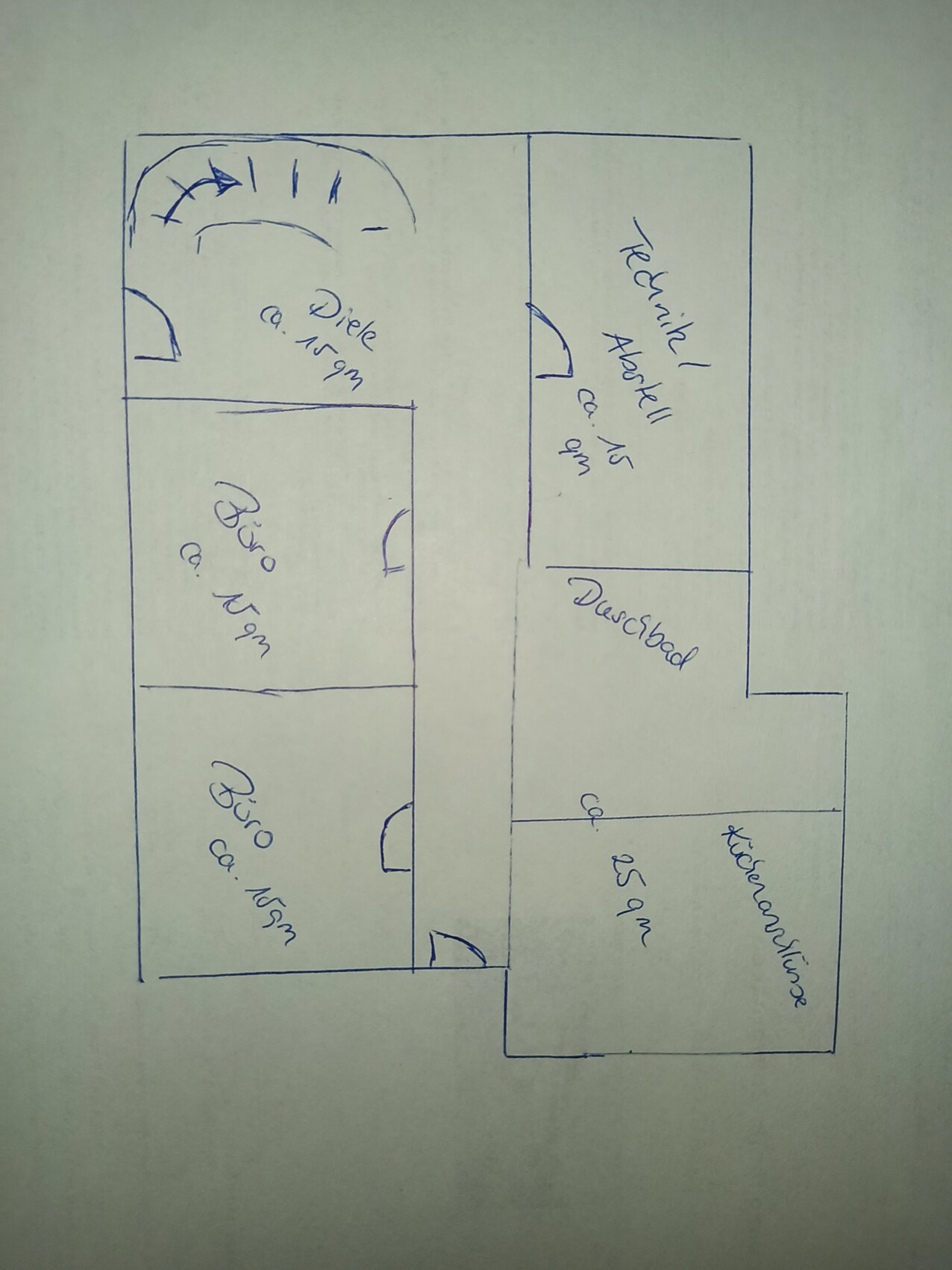 Hand-drawn floor plan sketch of an apartment with hallway, office, storage room, and kitchen.