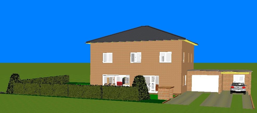 Großes zweistöckiges Einfamilienhaus mit Garage, Einfahrt und Garten unter blauem Himmel.