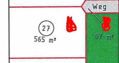 Site plan with plot 27 and 565 m² area at the path