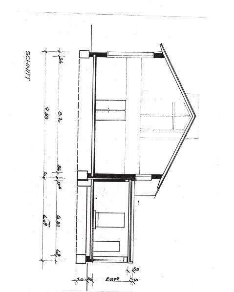 Architectural section through a house with roof, interior rooms, and dimension lines