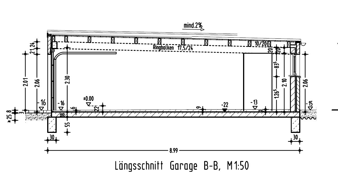 Garage longitudinal section B-B, scale 1:50; foundation, floor, walls, ring beam.