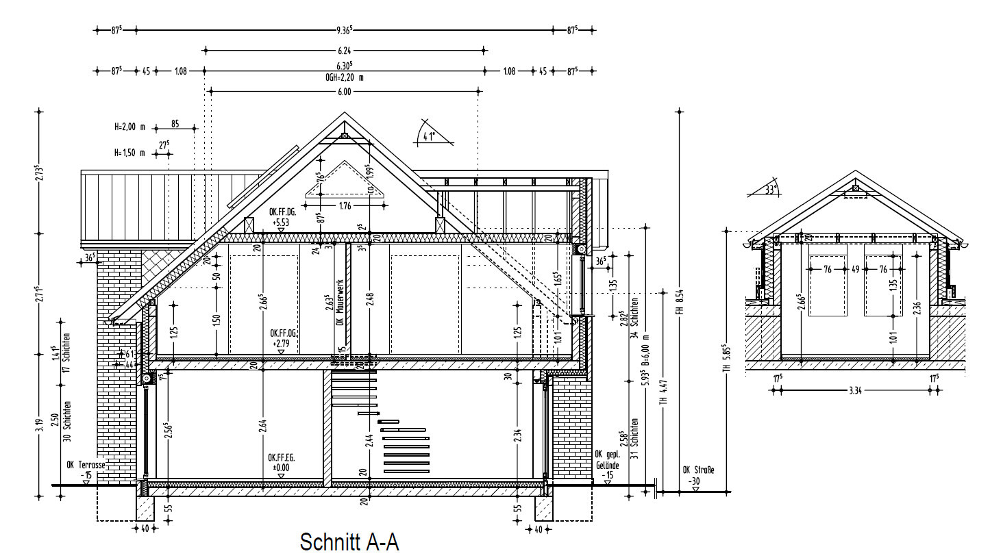 Section A-A of a house with roof frame, stairs, walls and dimension lines