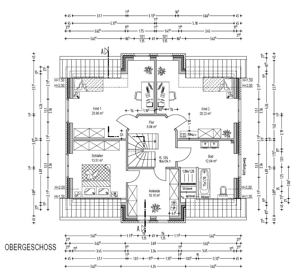 Upper floor plan with hallway, bathroom, bedroom, children's rooms, walk-in closet and staircase.