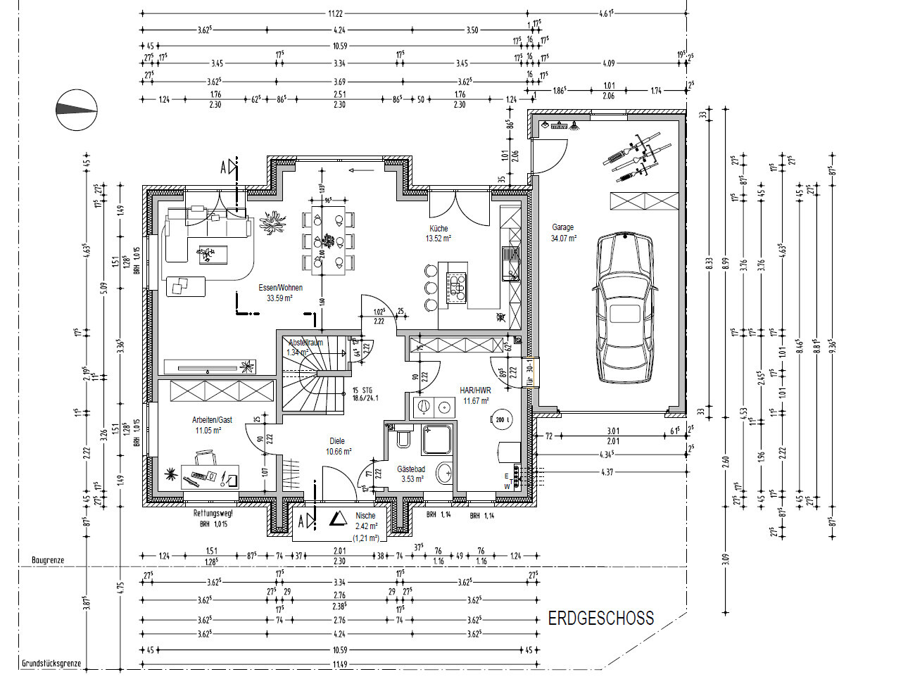 Ground floor plan: living room, dining/living, kitchen, study, hall, bathroom, utility room, garage.