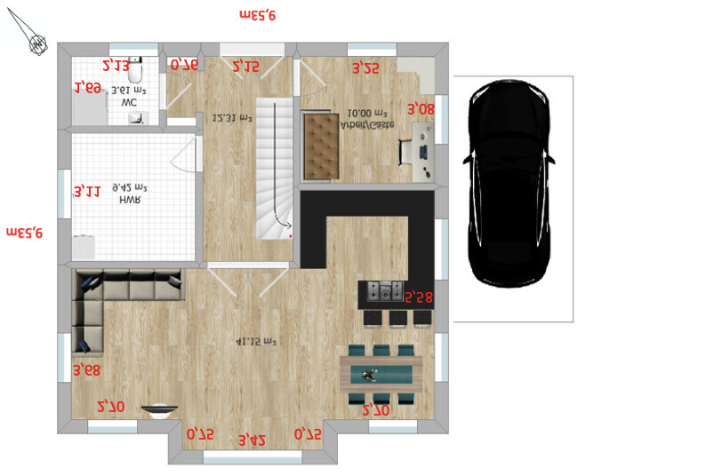 Floor plan of a house: living room, kitchen with dining area, bathroom, bedroom/office, and garage.