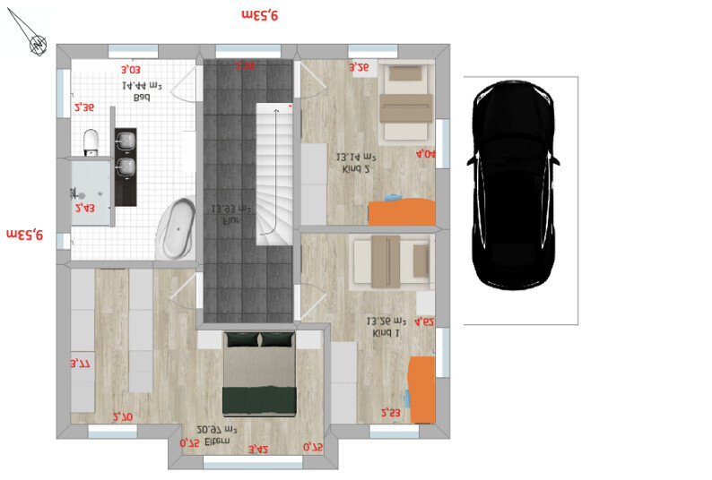 Floor plan of a house: kitchen, bathroom, stairs, living room, bedroom, two rooms, parked car.