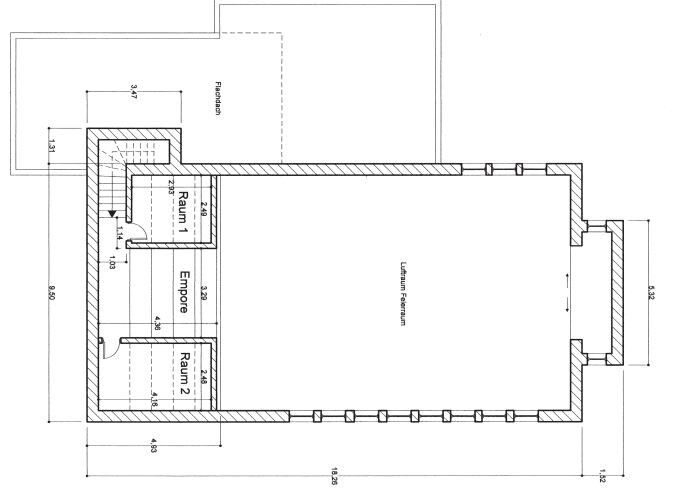 2D floor plan of a building with storage room, gallery, and two small rooms