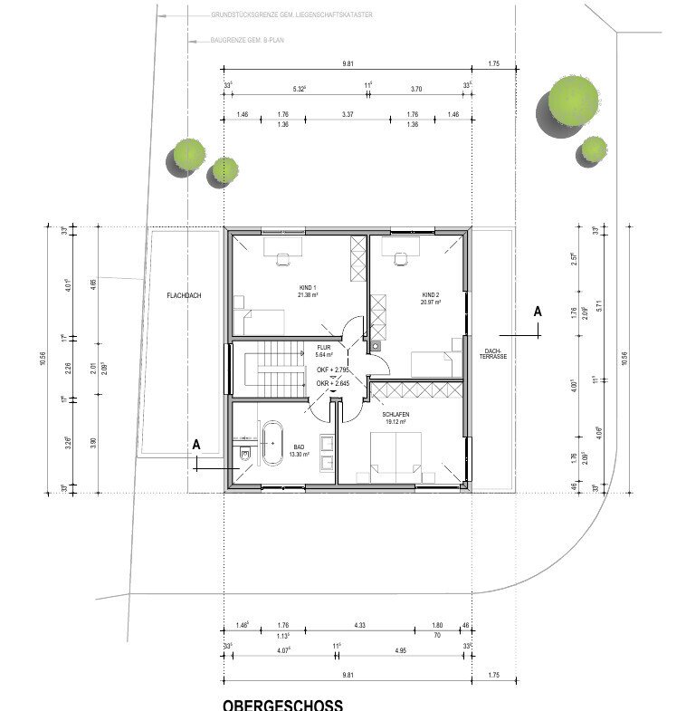 Upper floor plan: bedroom, two children’s rooms, bathroom, and corridor.