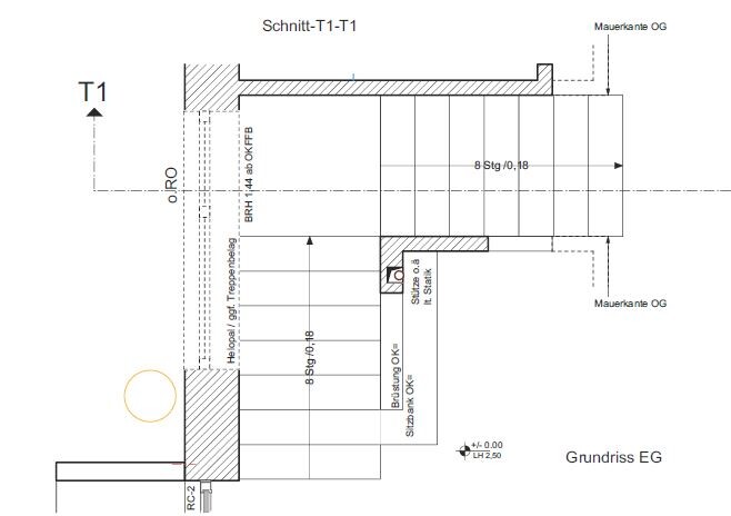 Schnitt-T1-T1 mit Grundriss EG: Treppen, Wände, Maßlinien, Schraffuren.