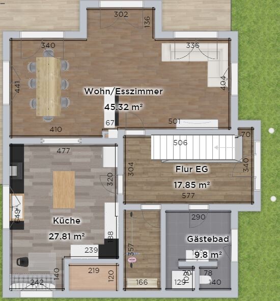 Floor plan of a single-family house: living/dining room, kitchen, ground floor hallway, guest bathroom, green outdoor area.