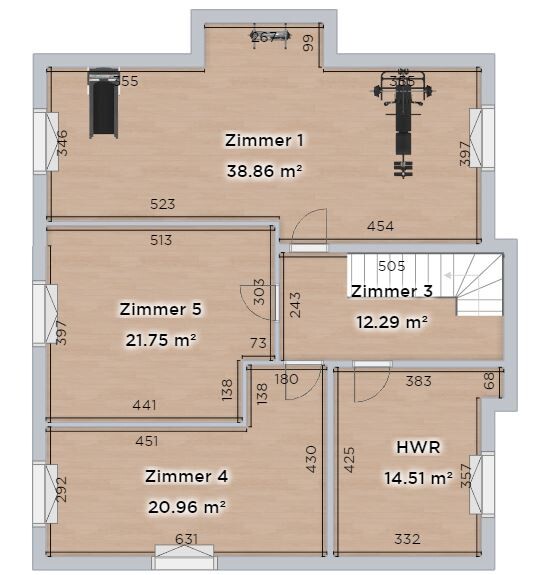 Floor plan of a house with rooms 1–5, utility room and hallways.