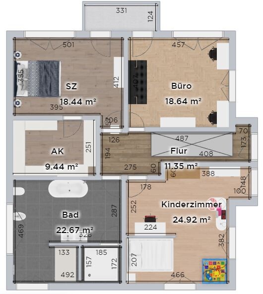 Floor plan of an apartment with bedroom, office, walk-in closet, bathroom, hallway and children's room.