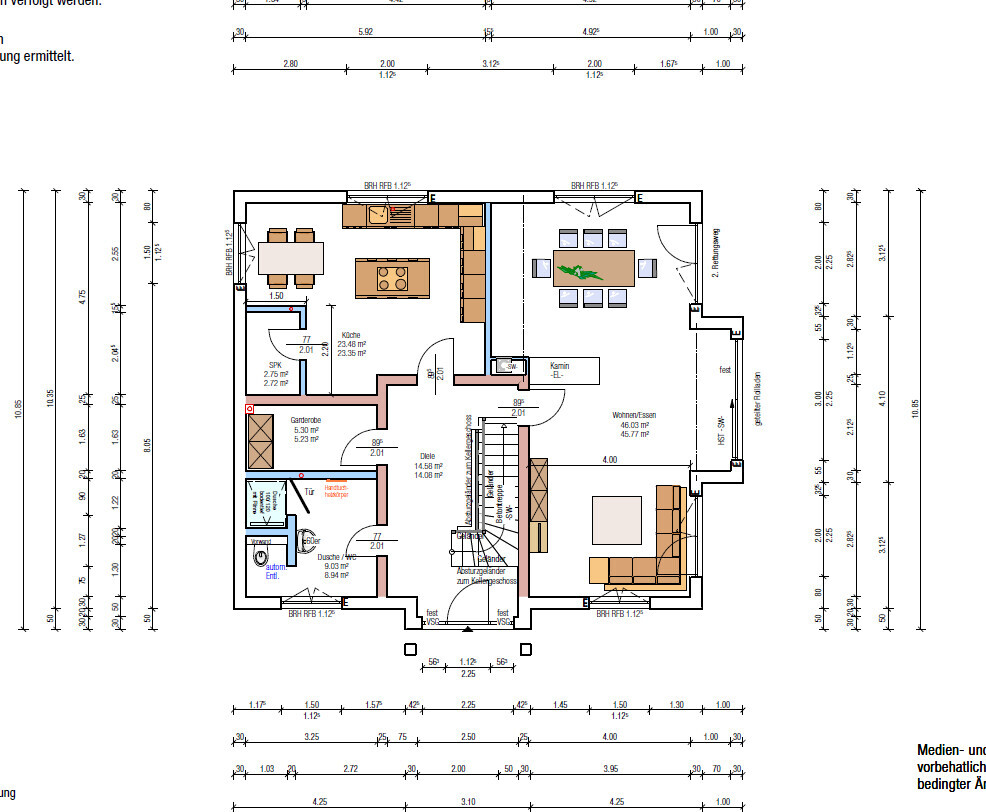 Floor plan of a house with kitchen, dining area, living room, fireplace, entrance hall, bathroom.