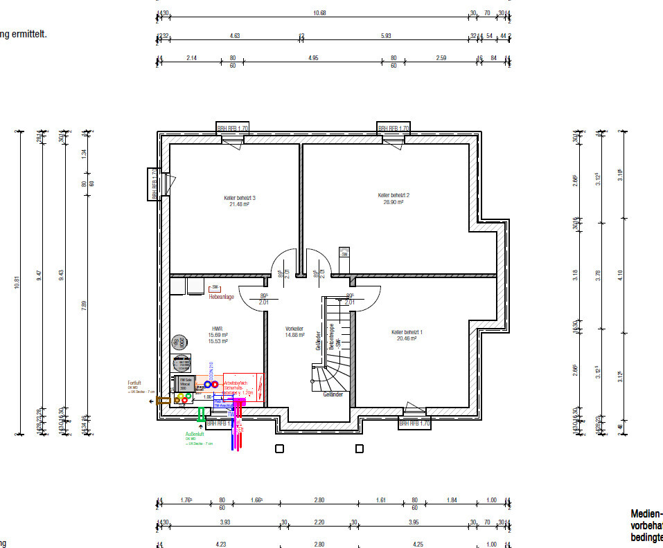 Floor plan of a basement with several rooms, stairs and building services.