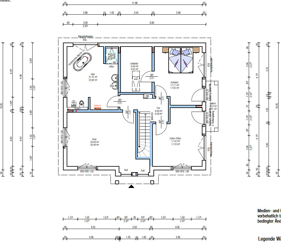 Floor plan of a house: hallway, staircase, bathroom, child’s room, bedroom, walk-in closet, home office, balcony.