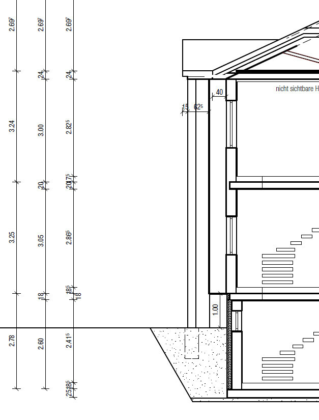 Architectural drawing: detailed section of a building with stairs, walls, roof structure and dimension lines.