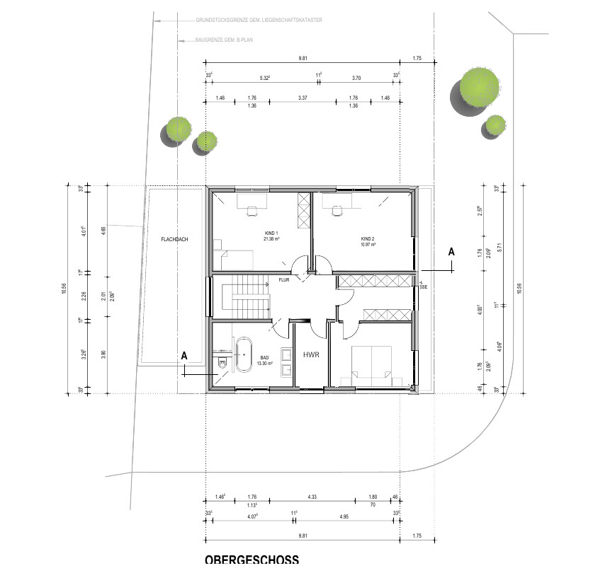 Obergeschoss-Architekturplan mit Flur, Bad, HWR, zwei Kinderzimmern und Treppe.