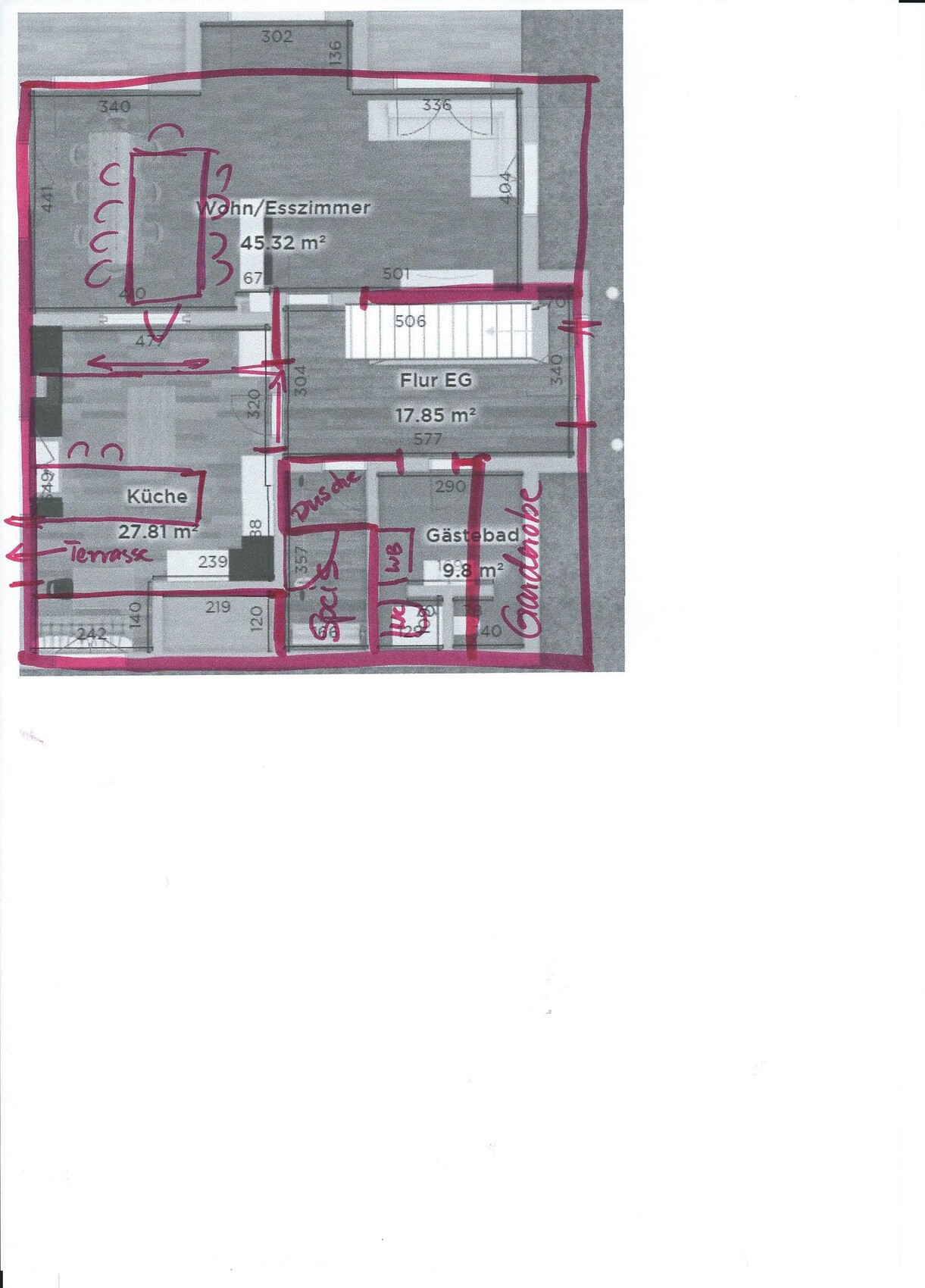 Floor plan of an apartment: living/dining room, kitchen, hallway, guest room, bathroom, terrace.