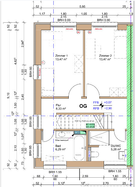 Upper floor plan: two rooms (each 13.47 m² (145 sq ft)), hallway, bathroom, shower/WC, staircase.