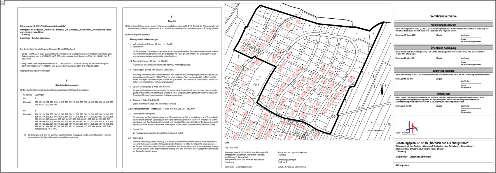 Bebauungsplan: Lageplan eines Wohngebiets mit Parzellen, Straßen und Textabschnitten